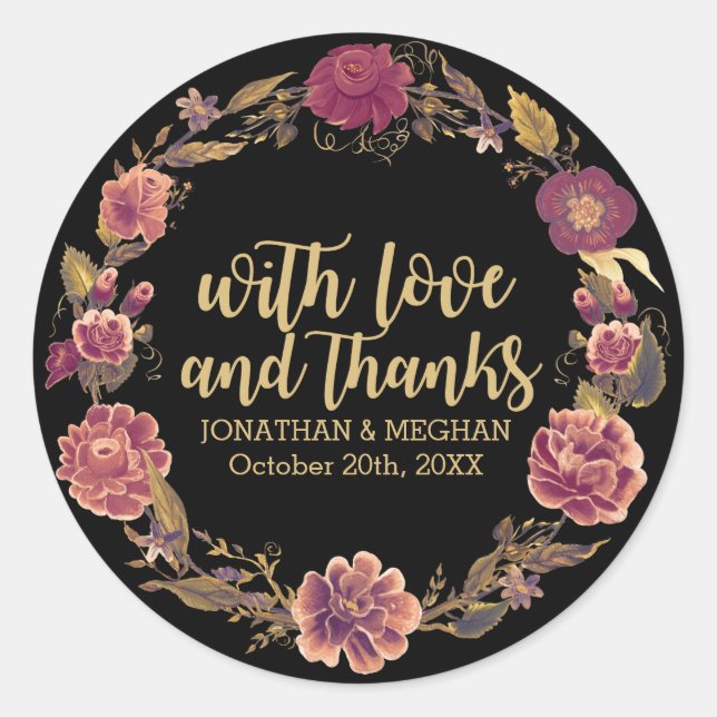 Elegant Autumn Wreath Thank You Wedding, Black Classic Round Sticker (Front)