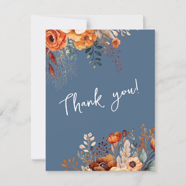 Elegant autumnal botanical photo wedding blue thank you card (Front)