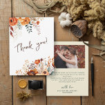 Elegant autumnal botanical photo wedding thank you card<br><div class="desc">Send these romantic and elegant autumnal floral Thank you cards to thank your guest for being part of your special day. The front of the card presents the wording "Thank you!" framed by a classy botanical watercolor illustration in warm fall tones. The back is customisable with one of your favourite...</div>