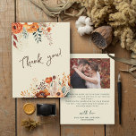 Elegant autumnal botanical photo wedding thank you card<br><div class="desc">Send these romantic and elegant autumnal floral Thank you cards to thank your guest for being part of your special day. The front of the card presents the wording "Thank you!" framed by a classy botanical watercolor illustration in warm fall tones. The back is customisable with one of your favourite...</div>