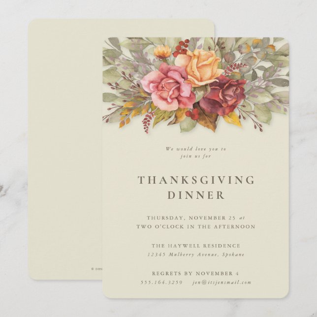 Elegant Autumnal Floral Border Thanksgiving Dinner Invitation (Front/Back)