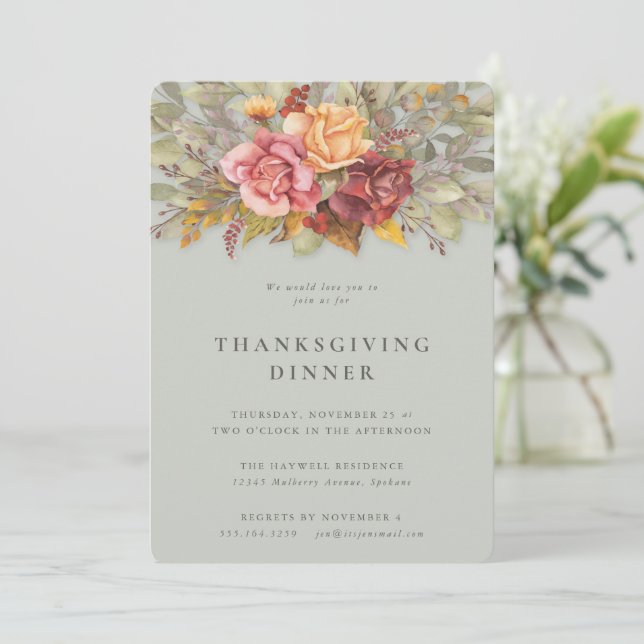 Elegant Autumnal Floral Border Thanksgiving Dinner Invitation (Standing Front)