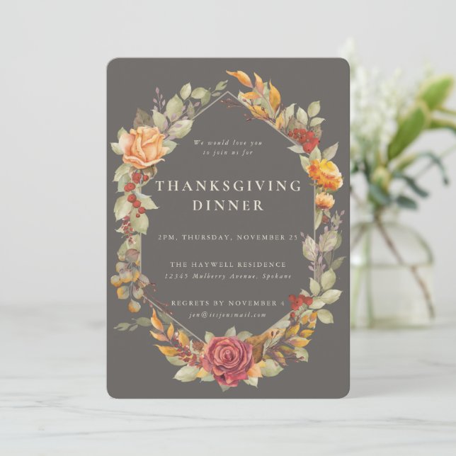 Elegant Autumnal Floral Border Thanksgiving Dinner Invitation (Standing Front)