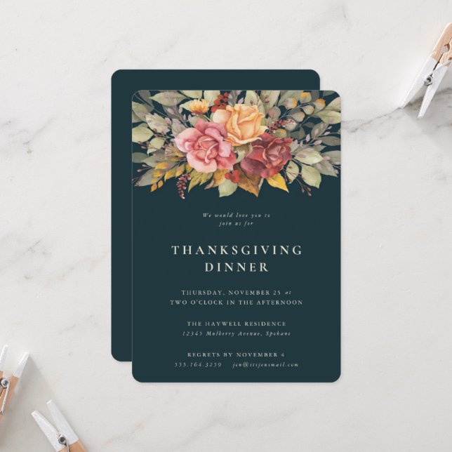 Elegant Autumnal Floral Border Thanksgiving Dinner Invitation (Front/Back In Situ)