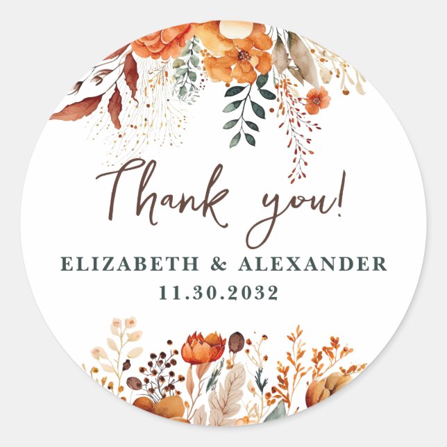 Elegant autumnal floral names and wedding date classic round sticker (Front)