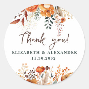 Elegant autumnal floral names and wedding date classic round sticker