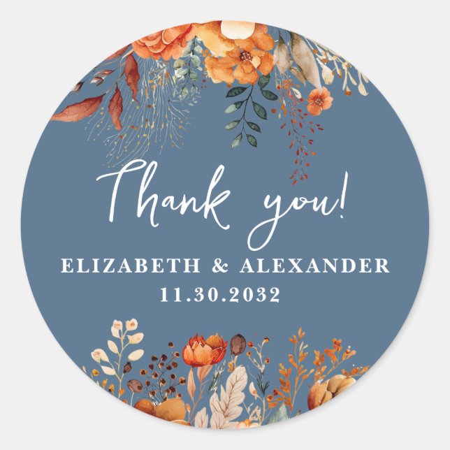 Elegant autumnal floral names and wedding date classic round sticker (Front)