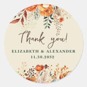 Elegant autumnal floral names and wedding date classic round sticker