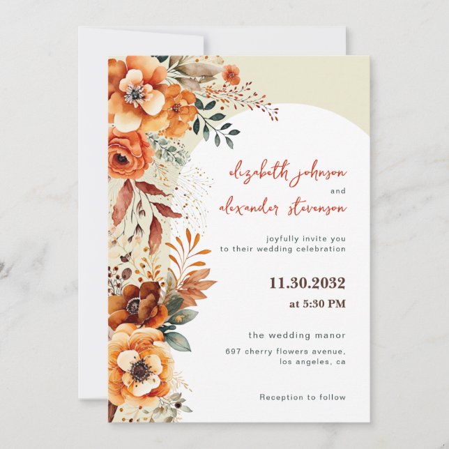 Elegant Autumnal Floral wedding 1 photo Invitation (Front)