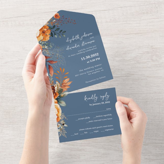 Elegant Autumnal Floral wedding delicate blue All In One Invitation (Tearaway)