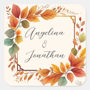 Elegant Autumnal Leaves Watercolor Cream Wedding Square Sticker
