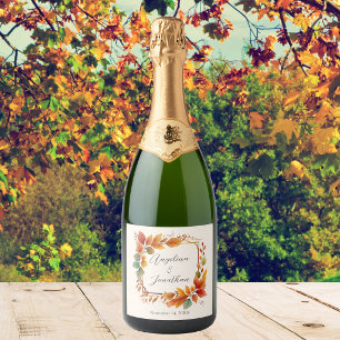 Elegant Autumnal Leaves Watercolor Wedding Custom Sparkling Wine Label