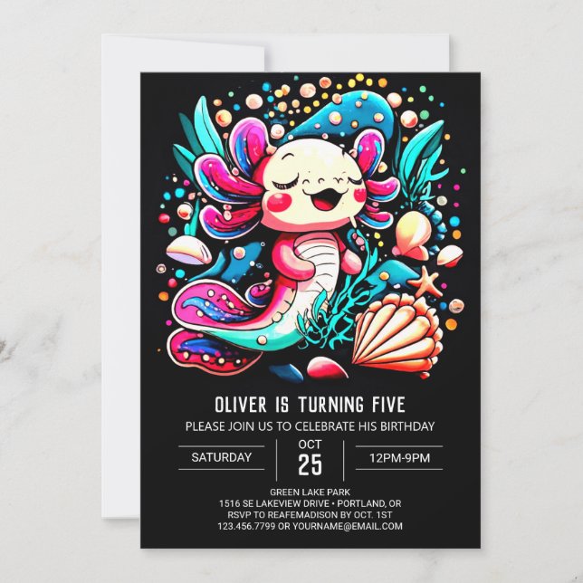 Elegant Axolotl Seashells Birthday Invitation (Front)