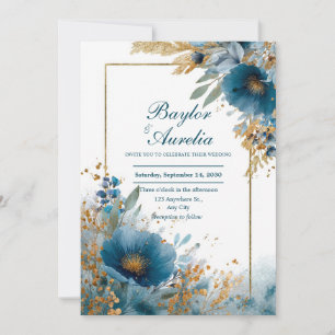 Elegant Azure Blooms & Gold Frame Wedding  Invitation