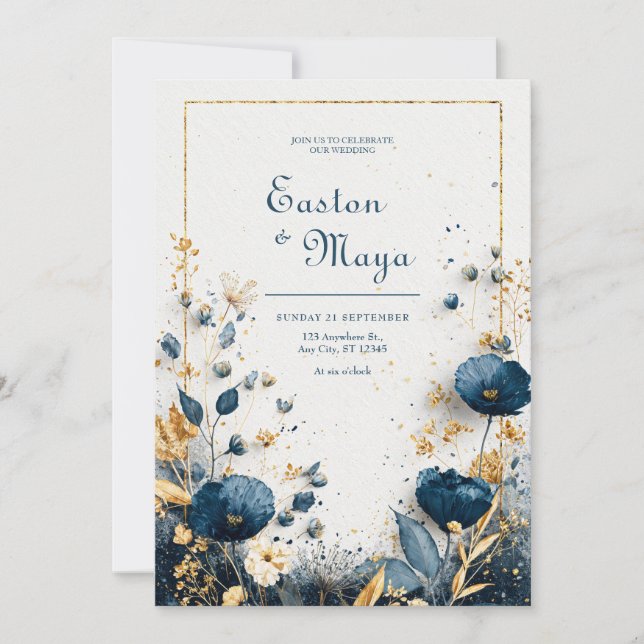 Elegant Azure Blooms Navy Gold Floral Wedding  Invitation (Front)