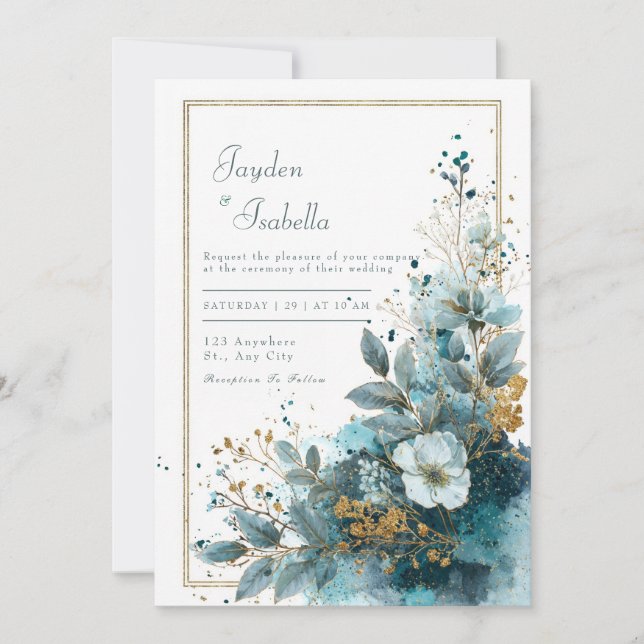 Elegant Azure Blooms Watercolor Wedding Invitation (Front)