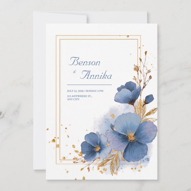 Elegant Azure Blue Blooms and Gold Leaf Wedding  Invitation (Front)
