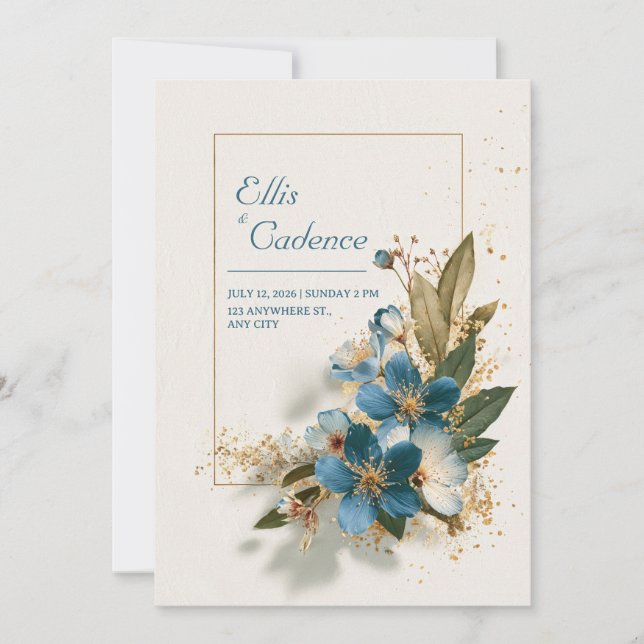 Elegant Azure Blue Floral & Gold Wedding  Invitation (Front)