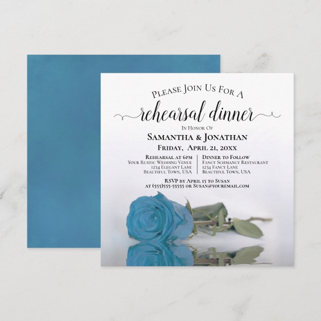 Elegant Azure Blue Rose Wedding Rehearsal Dinner Invitation (Front/Back)