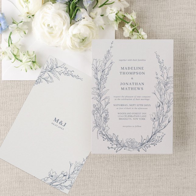 Elegant Azure Floral Wreath Monogram Wedding Invitation (Creator Uploaded)