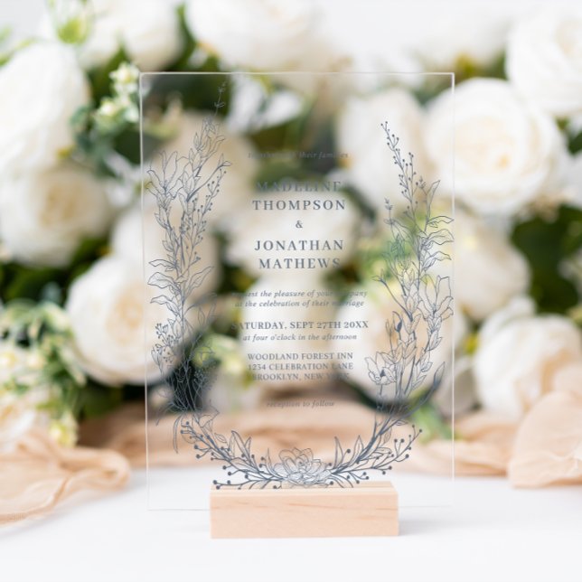 Elegant Azure Ivory Floral Wreath Monogram Wedding Acrylic Invitations (Creator Uploaded)