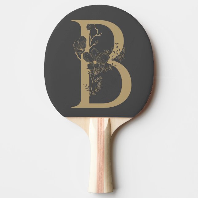 Elegant B Boho Floral Monogram Initial Grey Gold Ping Pong Paddle (Front)