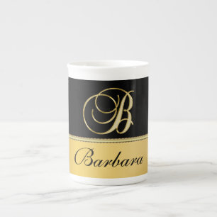 Elegant "B" Monogram Personalised Name Black Gold Bone China Mug