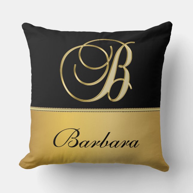 Elegant "B" Monogram Personalised Name Black Gold  Cushion (Front)