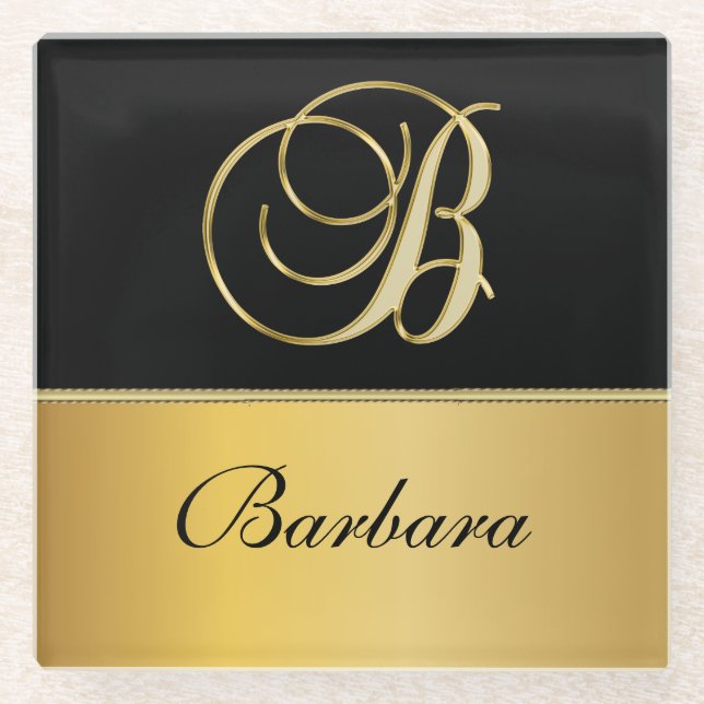 Elegant "B" Monogram Personalised Name Black Gold  Glass Coaster (Front)