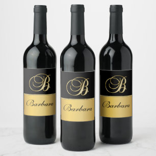 Elegant "B" Monogram Personalised Name Black Gold  Wine Label