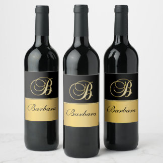 Elegant "B" Monogram Personalised Name Black Gold Wine Label