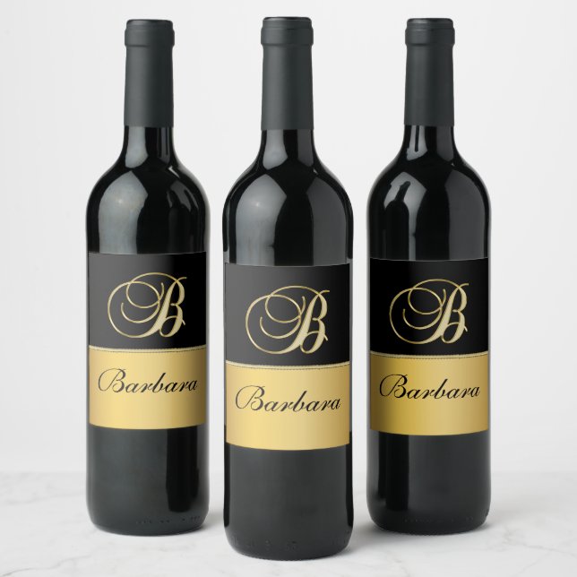 Elegant "B" Monogram Personalised Name Black Gold  Wine Label (Bottles)