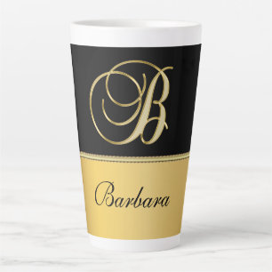 Elegant "B" Monogram Personalized Name Black Gold Latte Mug