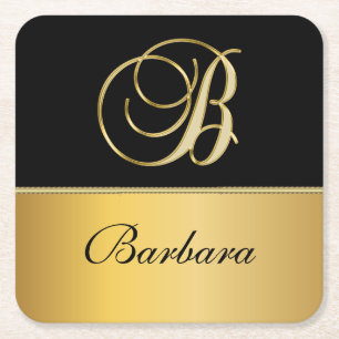 Elegant "B" Monogram Personalized Name Black Gold  Square Paper Coaster