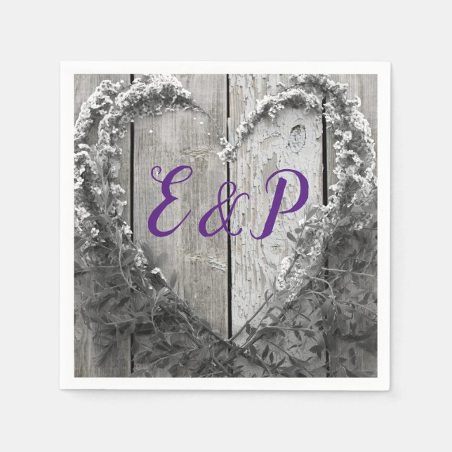 Elegant B&W flower heart rustic barn wood wedding Napkin (Front)