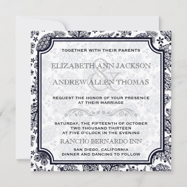 Elegant B & W Lacy Leaves Wedding Invitation (Front)