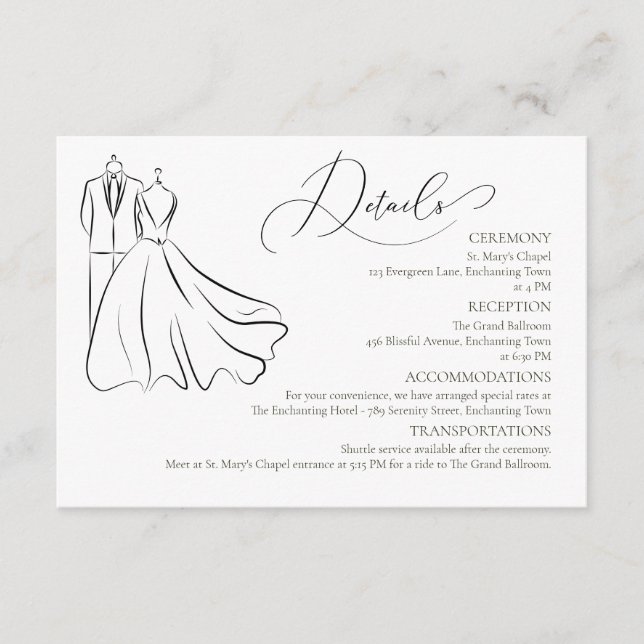 Elegant B&W Tux & Dress Formal  Wedding Details Enclosure Card (Front)