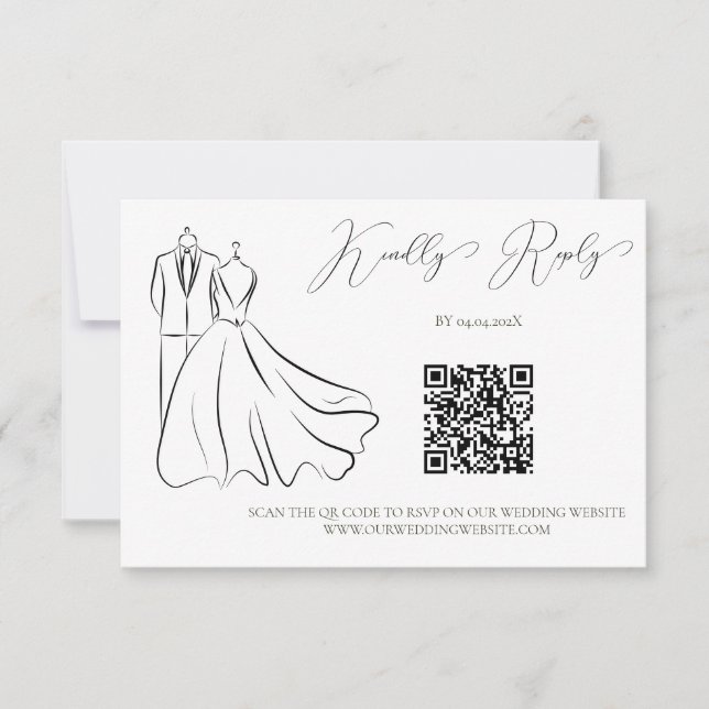 Elegant B&W Tux & Dress Wedding QR Code RSVP Card (Front)