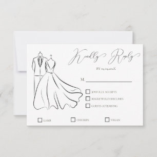 Elegant B&W Wedding Tux & Dress Formal Wedding RSVP Card