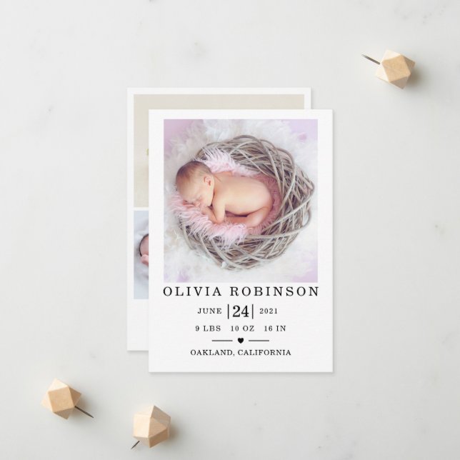 Elegant Baby Birth Announcement Card (Front/Back In Situ)