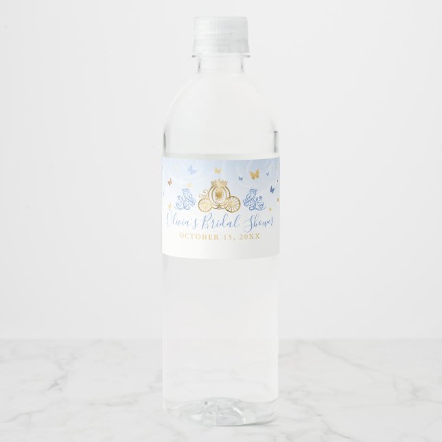 Elegant Baby Blue and Gold Princess Carriage Water Bottle Label (Front)
