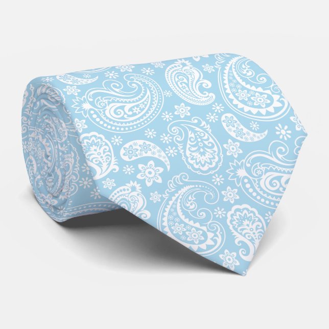 Elegant Baby Blue And White Vintage Paisley Tie (Rolled)