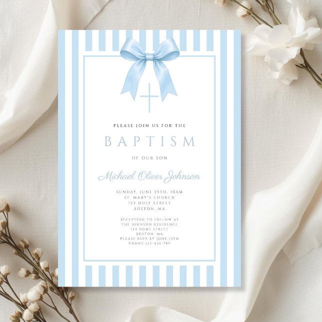 Elegant Baby Blue Bow Boy Baptism Invitation (Elegant Baby Blue Bow Boy Baptism Invitation)