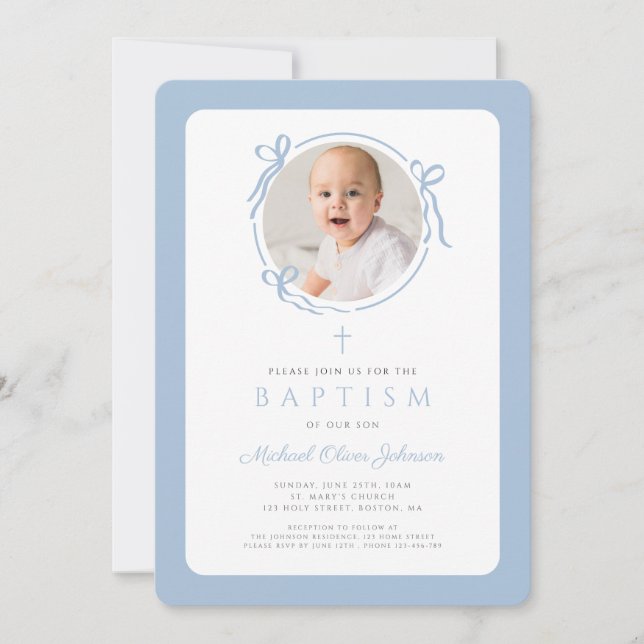 Elegant Baby Blue Bow Photo Boy Baptism Invitation (Front)