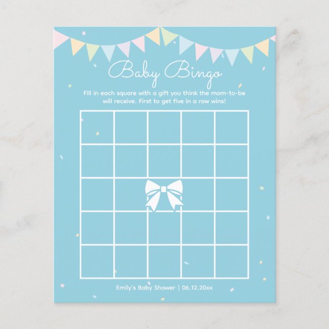Elegant Baby Blue Boy Baby Shower Baby Bingo Game (Front)
