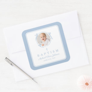 Elegant Baby Blue Boy Photo Baptism Square Sticker
