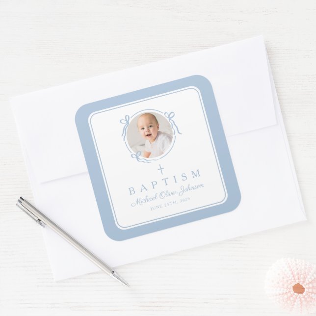 Elegant Baby Blue Boy Photo Baptism Square Sticker (Envelope)