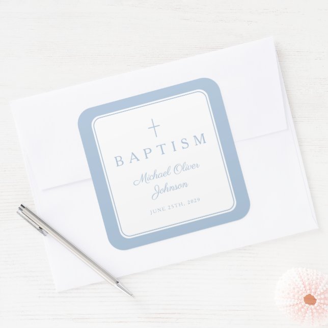 Elegant Baby Blue Cross Boy Baptism  Square Sticker (Envelope)