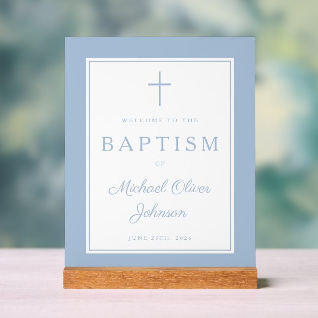 Elegant Baby Blue Cross Boy Baptism Welcome Acrylic Sign (Neutral)