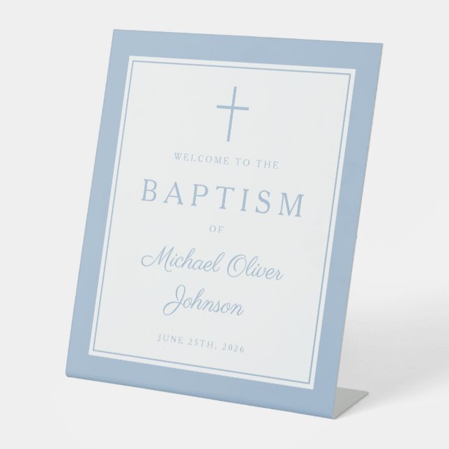 Elegant Baby Blue Cross Boy Baptism Welcome Pedestal Sign (Front)